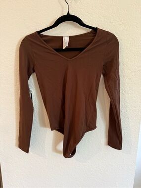 Vici Brown Asymmetric V-Neck Long Sleeve Bodysuit